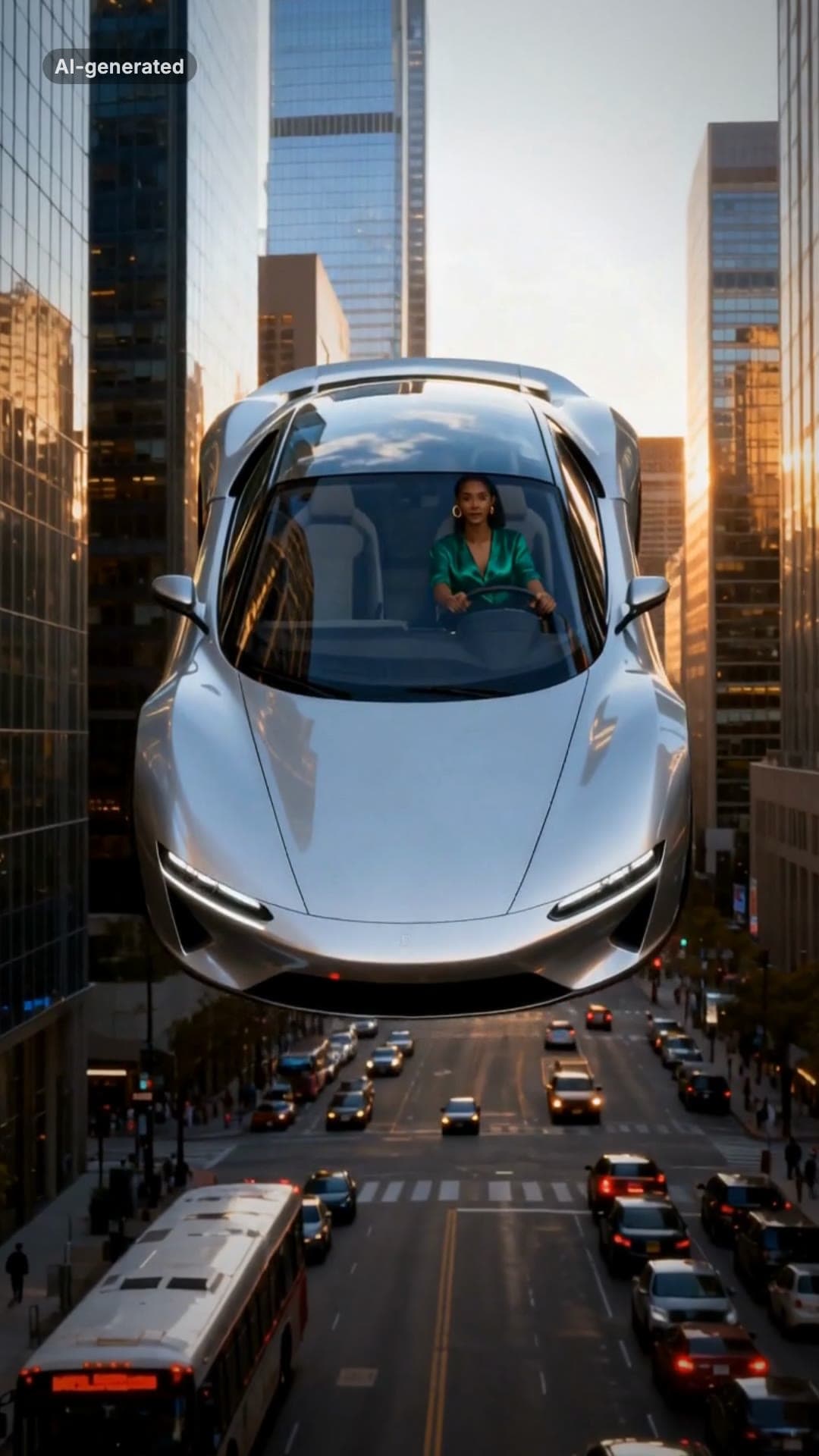 A frame from an AI-generated flying car sample